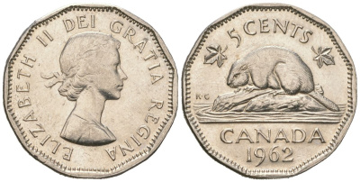 Канада 5 центов 1962 Елизавета II (1952-2022), бобер KM 50a никель 4364-3125