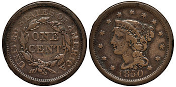 США 1 цент 1850 большой формат, Braided hair  медь    1531-131
