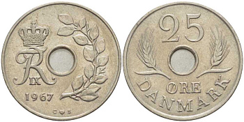 ДАНИЯ 25 ЭРЕ 1967 C; S, ФРЕДЕРИК IX (1947-1972) KM 855.1 медно-никель 108-1241