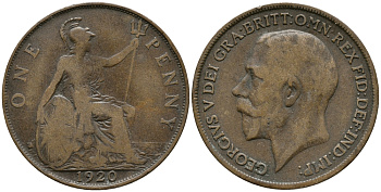Великобритания 1 пенни 1920 Георг V (1910-1936) KM 810, Spink 4051 бронза 32-836