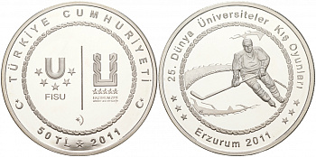 Турция 50 лир 2011 XXV зимняя Универсиада в Эрзурум 2011 года, хоккей KM NEW серебро PROOF 11-037-13