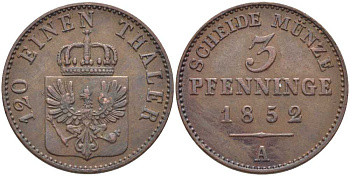 ПРУССИЯ 3 ПФЕННИГА 1852 А, ФРИДРИХ ВИЛЬГЕЛЬМ (1840-1861) KM 453 медь 117-211
