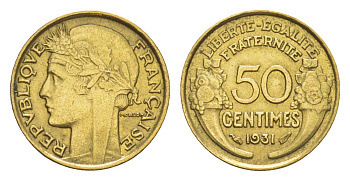 Франция 50 сантимов 1931 KM 894 алюминиевая бронза 4174-828