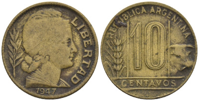 Аргентина 10 сентаво 1947 голова свободы вправо KM 41, CJ 210, Schon 44 алюминиевая бронза    4609-1146