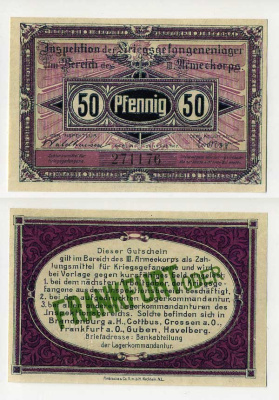 Германия 50 пфеннигов 1917 инспекция лагерей военнопленных в Франкфурте на Одере, III-ий Армейский корпус C-2962 бумага UNC (пресс) 504-92-2-1