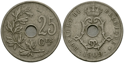 Бельгия 25 сантимов 1909 Belgique KM 62 медно-никель 4168-1146