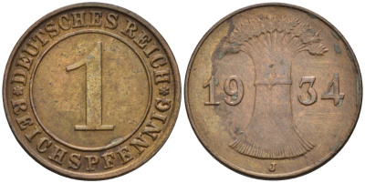 Германия 1 рейхспфенниг 1934 J KM 37, J.313, Weege 2 медь 4585-632