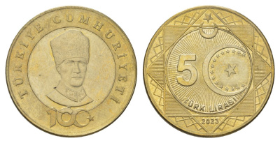 Турция 5 лир 2023 100 лет Турецкой Республики KM NEW биметалл UNC 221-1111