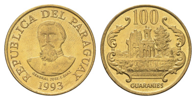Парагвай 100 гуарани 1993 KM 177a сталь плакированная латунью UNC 4666-1122