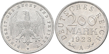 Германия 200 марок 1923 A KM 35, J. 304, Weege 22 алюминий UNC 4586-237