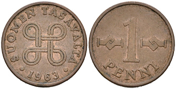 Финляндия 1 пенни 1963 первый год KM 44 медь 4564-854