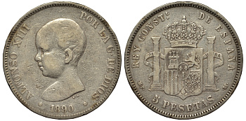 Испания 5 песет 1890 MP-M, Альфонсо XIII (1886-1931) KM 689 серебро 1525-234