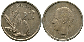 Бельгия 20 франков 1981 Belgique, Бодуэн I (1951-1993) KM 159 никель бронза 89-457