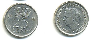 НИДЕРЛАНДЫ 25 ЦЕНТОВ 1948 ВИЛЬГЕЛЬМИНА KM 178 никель 83-1021