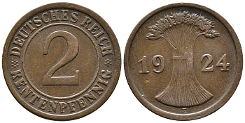 ГЕРМАНИЯ 2 РЕНТЕНПФЕННИГА 1924 E KM 31, J. 307 бронза 24-457