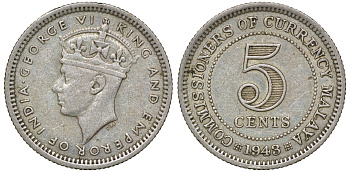 Британская Малайя 5 центов 1943 Георг VI (1937-1952) KM 3a серебро 53-139