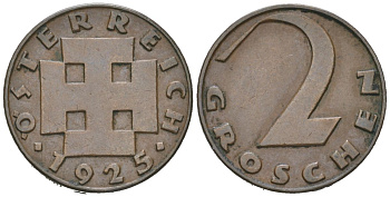 Австрия 2 гроша 1925 KM 2837 бронза 192-225