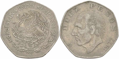 МЕКСИКА 10 ПЕСО 1977 МАНУЭЛЬ ХИДАЛЬГО КАСТИЛЬЯ KM 477.1 медно-никель 109-541