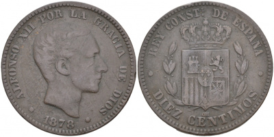ИСПАНИЯ 10 СЕНТИМО 1878 ОМ, АЛЬФОНСО XII (1874-1885) KM 675 бронза 3855-545