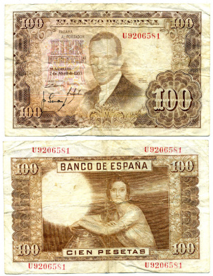 ИСПАНИЯ 100 ПЕСЕТ 1955 1953 ГОД Pick 145а бумага 7484-9-1