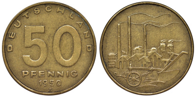 ГДР 50 пфеннигов 1950 KM 4 алюминиевая бронза 4119-857