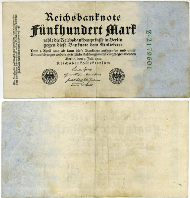 Германия 500 марок 1922 зеленая серия, 7 цифр в номере Pick 74 b бумага 3295-68-3