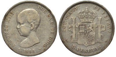 Испания 5 песет 1890 MP-M, Альфонсо XIII (1886-1931) KM 689 серебро 1525-234