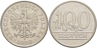 Польша 100 злотых 1990 MW, Демократическая Республика KM 214, Parchimowicz 602 медно-никель UNC 4517-841