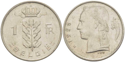 Бельгия 1 франк 1958 Belgie, Бодуэн I (1951-1993) KM 143.1 медно-никель 259-527