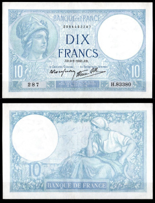 Франция 10 франков 1941 Минерва, крестьянка Pick 84 бумага 451-939-1