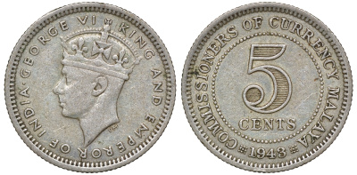 Британская Малайя 5 центов 1943 Георг VI (1937-1952) KM 3a серебро 53-139