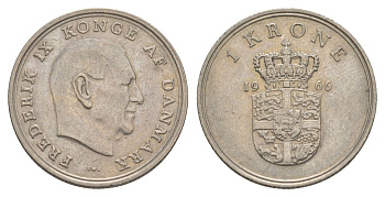Дания 1 крона 1965 C;S, Фредерик IX (1947-1972) KM 851.1 медно-никель 4631-1021
