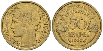 ФРАНЦИЯ 50 САНТИМОВ 1939 ТИП MORLON KM 894.1, LE FRANC 192.15 алюминиевая бронза 44-838