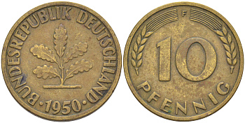 ФРГ 10 пфеннигов 1950 F KM 108, J. 383 сталь плакированная латунью 53-1044