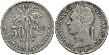 Бельгийское Конго 50 сантимов 1922 пальма KM 22 медно-никель 27-1134