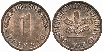 ФРГ 1 ПФЕННИГ 1975 D KM 105, J. 380 сталь плакированная медью 112-138
