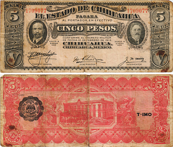 Мексика, Революция 5 песо 1915 штат Чиуауа, черная зубчатая печать Pick S532a бумага 6278-60-2