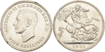 Великобритания 5 шиллингов = 1 крона 1951 Георг VI (1936-1952), фестиваль Британии, Георгий Победоносец, в оригинальной коробке KM 880, Spink 4111 медно-никель Prooflike 5-6-4-14