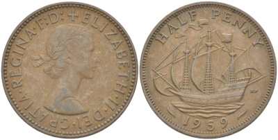 Великобритания 1/2 пенни 1959 Елизавета II (1952-2022) KM 896, Spink 4158 бронза 4544-124