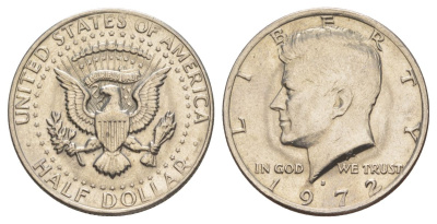 США 1/2 доллара (50 центов) 1972 D, Джон Кеннеди KM 202b медь плакированная медно-никелем aUNC 189-816