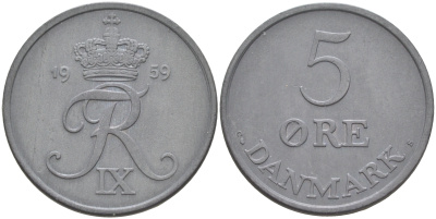 ДАНИЯ 5 ЭРЕ 1959 C; S, ФРЕДЕРИК IX (1947-1972) KM 843.2 цинк UNC 106-212