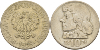 Польша 10 злотых 1959 MW, Тадеуш Костюшко, первый год KM 50 медно-никель 4517-813