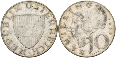 Австрия 10 шиллингов 1958 KM 2882 серебро 63-824