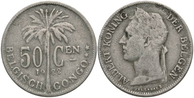 Бельгийское Конго 50 сантимов 1922 пальма KM 22 медно-никель 27-1134