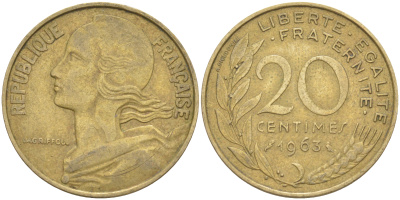 ФРАНЦИЯ 20 САНТИМОВ 1963 ТИП MARIANNE KM 930, Le Franc 156.3 медь алюминий никель 4514-1216