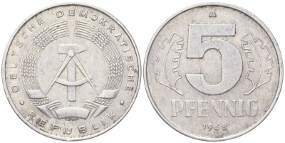ГДР 5 пфеннигов 1968 A KM 9.1 алюминий 4613-945