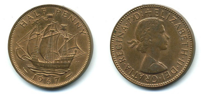 Великобритания 1/2 пенни 1967 Елизавета II (1952-2022) КМ 896, Spink 4158 бронза 4110-513