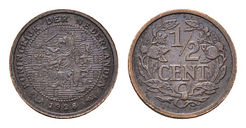 Нидерланды 1/2 цента 1928 Вильгельмина (1890-1948) KM 138 бронза 4674-1113