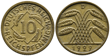ГЕРМАНИЯ 10 РЕЙХСПФЕННИГОВ 1929 D KM 40, J. 317 алюминиевая бронза 24-1144