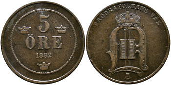 Швеция 5 эре 1882 Оскар II (1872-1907) король Швеции и Норвегии KM 736 бронза 37-851